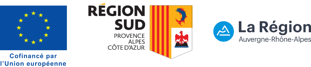 Trois logos : le drapeau de l'Union européenne avec le texte "Cofinancé par l'Union européenne", l'écusson de la Région Sud Provence-Alpes-Côte d'Azur et le logo de La Région Auvergne-Rhône-Alpes.